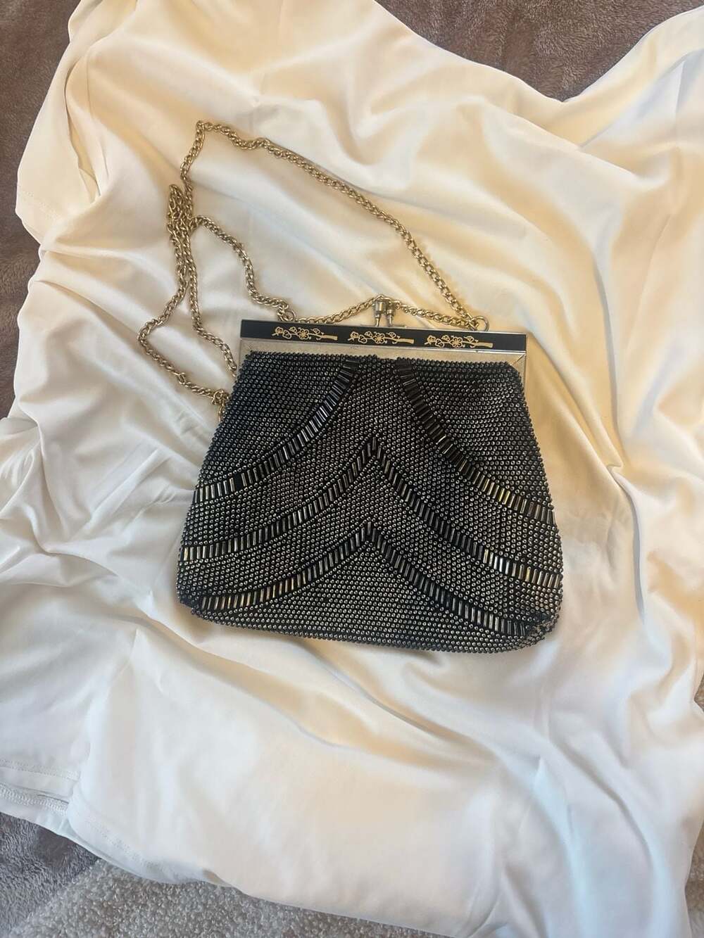 Vintage Magid Black Beaded Evening Bag with Gold Art Deco Frame and Chain